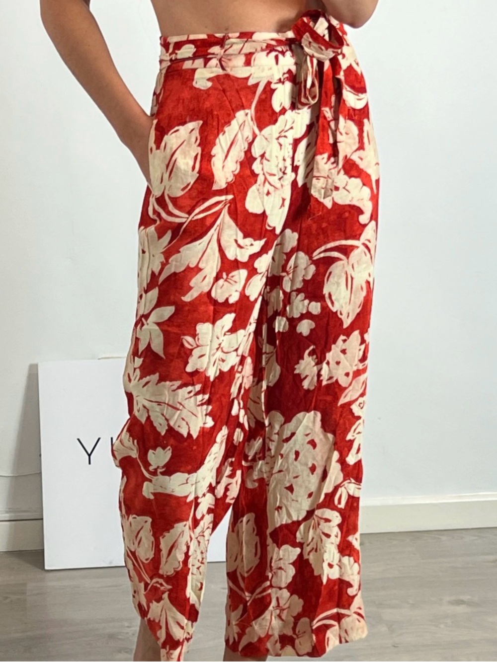 MANGO High-Waist Red Floral Wrap Wide-Leg Pants
